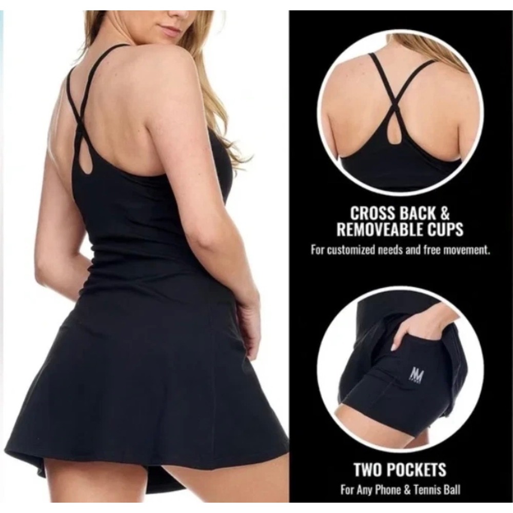 Nicole Miller Sport‎ Black Athletic Tennis Dress Built-in Shorts Cross Back Sz M